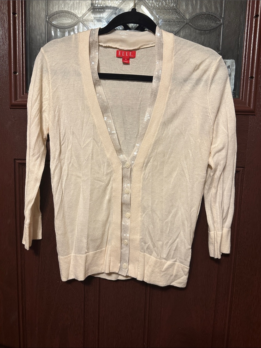 Elle Cream Sequined Trim V-Neck Button Cardigan